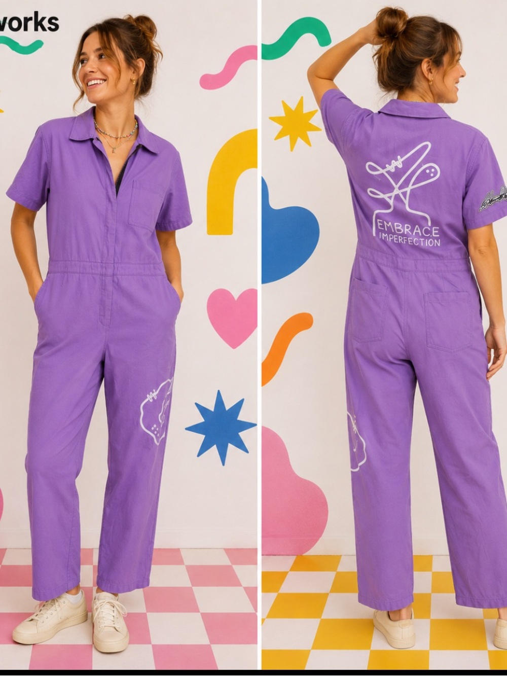 Nooworks Jumpsuit Short Sleeve Utility Embroidered in Lavender Purple